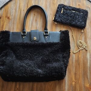 BuffBunny Black Sherpa Faux Fur Tote And Clutch Purse, Gold Hardware Details